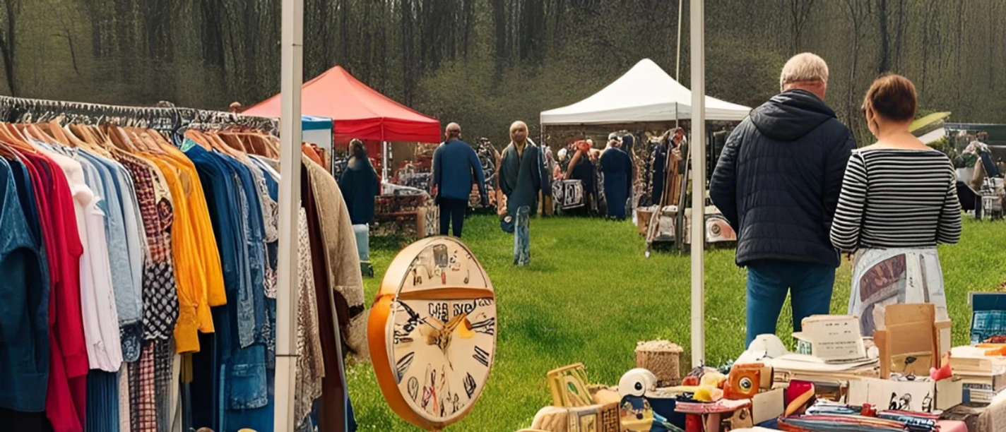 Flohmarkt Flohmarkt im Freien mit Ständen voller Kleidung, Spielzeug, Büchern und Antiquitäten im Grünen.