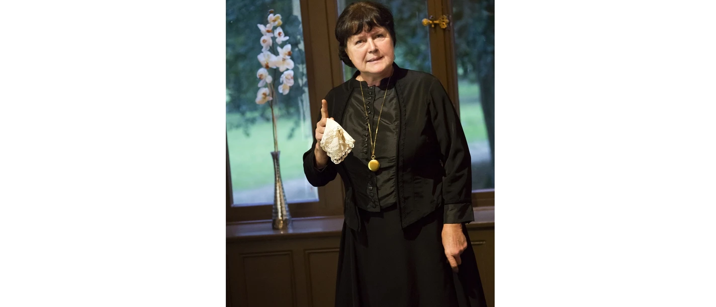 Caroline Börner The picture shows a castle guide in historical garb giving a guided tour.