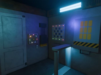 Raum mit futuristischen Bedienelementen und kleinen Lichtern an den Wänden, beleuchtet von blauen Neonröhren.