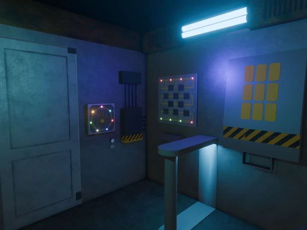 Foto Superheroes 2.png Raum mit futuristischen Bedienelementen und kleinen Lichtern an den Wänden, beleuchtet von blauen Neonröhren.