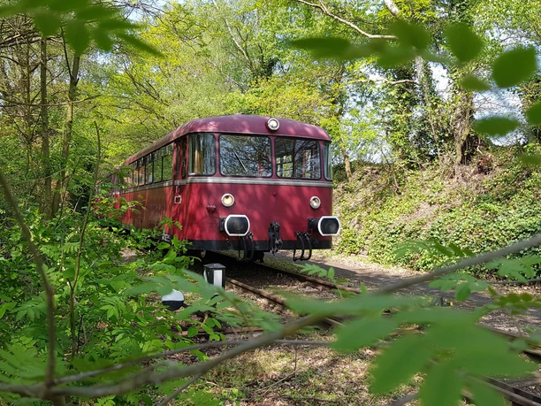 Museumsbahn MRU Roter Triebwagen fährt durch grünen, bewaldeten Abschnitt einer Museumsbahnstrecke im Frühling.
