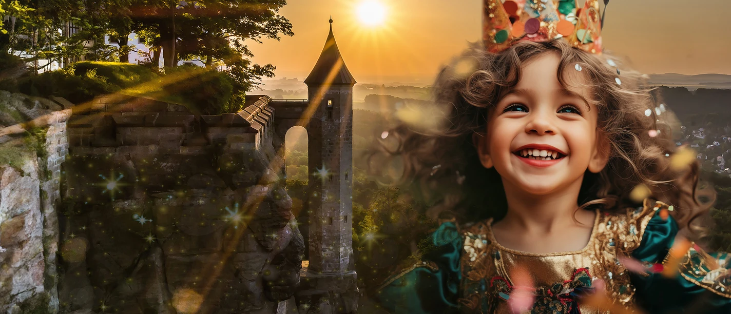 A laughing child in an elaborately designed costume in front of a castle at sunset.