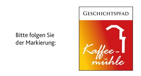 Geschichtspfad Kaffeemühle.jpg Schild des Geschichtspfades "Kaffeemühle" mit rotem Hintergrund und weißer grafischer Markierung.