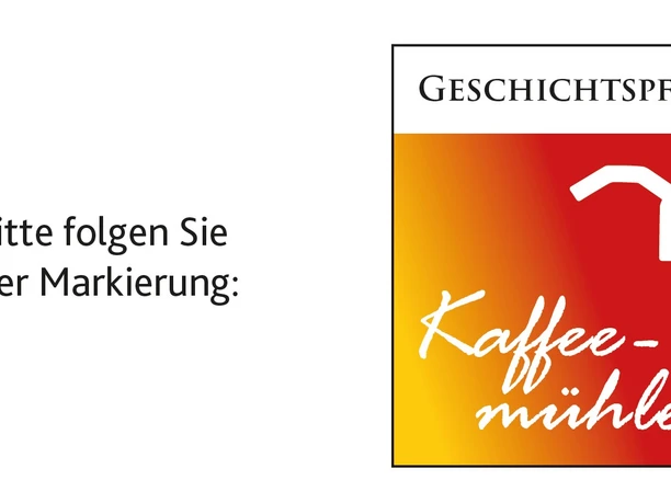 Geschichtspfad Kaffeemühle.jpg Schild des Geschichtspfades "Kaffeemühle" mit rotem Hintergrund und weißer grafischer Markierung.