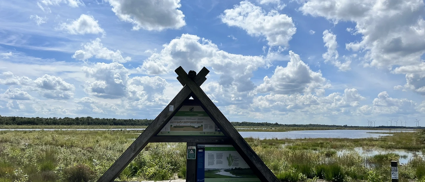 Blick ins Provinzialmoor, Naturschutzgebiet in Twist ©Emsland Tourismus GmbH (1).JPEG Dreieckige Infotafel aus Holz im Moorgebiet mit Wasserflächen, Wolkenhimmel und weiter Landschaft.