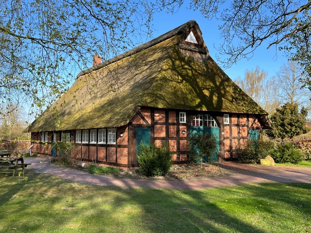 Haus auf der Wurth Ein traditionelles Fachwerkhaus mit Reetdach inmitten einer grünen, von Bäumen umgebenen Umgebung.