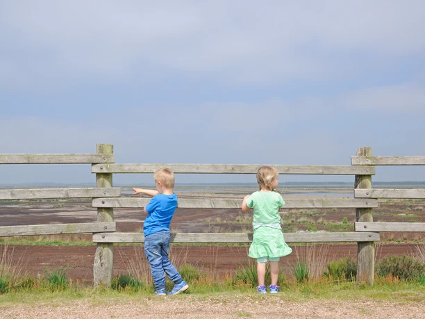 Dalum-Wietmarscher Moor – Exkursion mit Naturpark-Ranger 2014 ©Naturpark Moor-Veenland (31).jpg Zwei Kinder blicken über einen Holzzaun auf die weite Moorlandschaft des Dalum-Wietmarscher Moors.