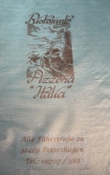 Pizzeria "Italia" Ein Restaurant-Menücover mit dem Logo von "Pizzeria Italia" und Kontaktdaten in gedruckter Form.