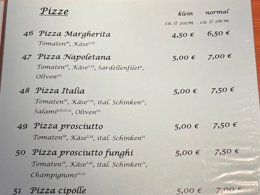 Speisekarte einer Pizzeria mit verschiedenen Pizzen, Preisen und Zutatenlisten auf einem Tisch.