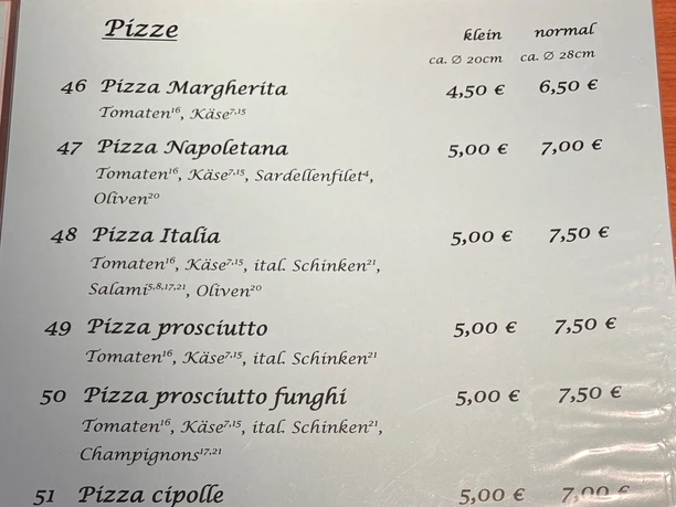 Pizzeria "Italia" Speisekarte einer Pizzeria mit verschiedenen Pizzen, Preisen und Zutatenlisten auf einem Tisch.