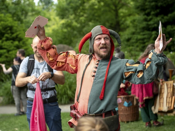 Gaukler beim Pfingst-Spektakulum Ein Gaukler in buntem Kostüm jongliert Karten und unterhält ein Publikum im Freien.