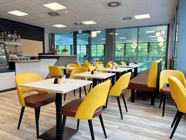 Cafe-am-Rosengarten-Innen.jpg Das moderne Café am Rosengarten mit gelben Stühlen, Holztischen und Panoramafenstern für reichlich Tageslicht.