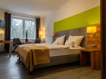 Balkes Morhoff_Zimmer Modernes Hotelzimmer mit Doppelbett, stilvollen Holzelementen, Schreibtisch und Blick auf bewaldete Natur.
