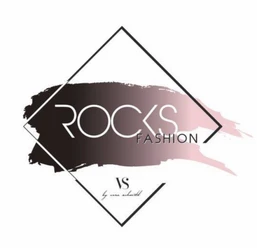 Das Logo von Rocks Fashion, enthält moderne Schrift und geometrische Elemente in Rosa und Schwarz.