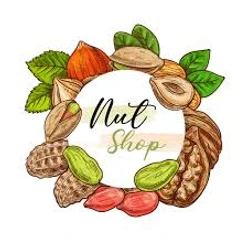 Kreative Illustration zeigt verschiedene bunte Nüsse und Blätter, die einen Kreis um den Schriftzug "Nut Shop" bilden.