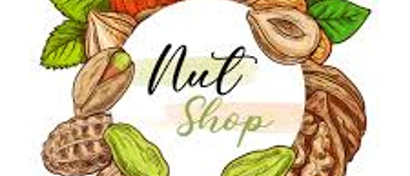Kreative Illustration zeigt verschiedene bunte Nüsse und Blätter, die einen Kreis um den Schriftzug "Nut Shop" bilden.