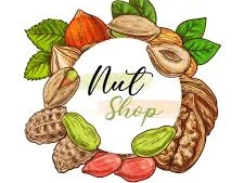 NutShop.jpg Kreative Illustration zeigt verschiedene bunte Nüsse und Blätter, die einen Kreis um den Schriftzug "Nut Shop" bilden.
