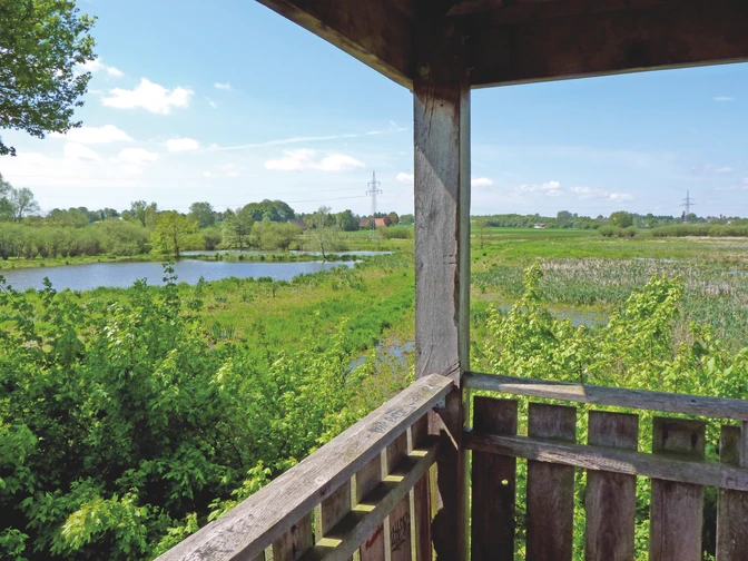 Aussicht von einem Holzpavillon über eine grüne Landschaft mit einem kleinen Teich im Hintergrund.