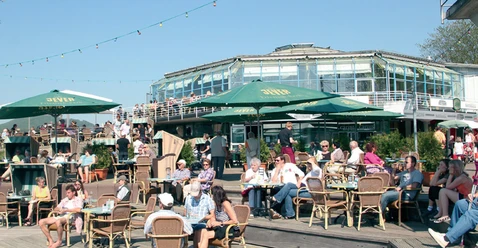 Eine belebte Café-Terrasse mit vielen Menschen, die an Tischen unter grünen Sonnenschirmen sitzen.