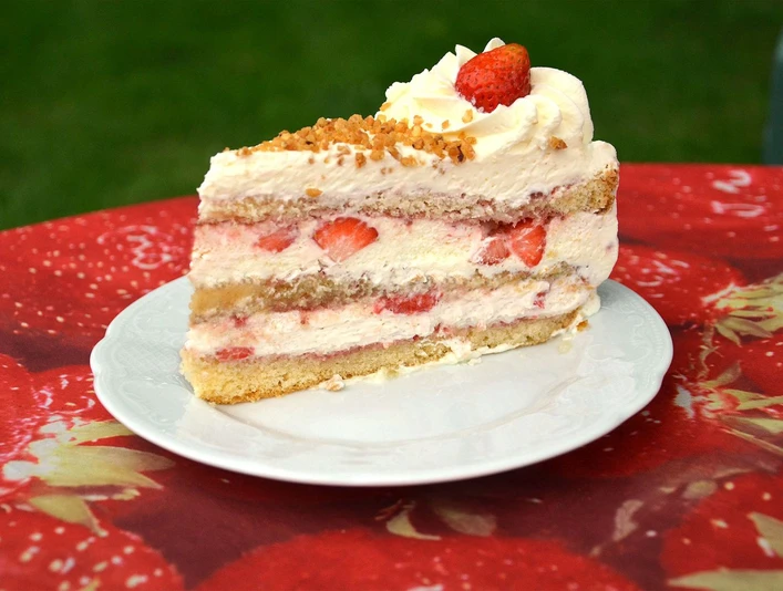 Torte Bauerncafé Oltmanns.jpg Tortenstück mit frischen Erdbeeren und Sahnehäubchen auf rustikal-rotem Tischdeckenmuster serviert.Piece of cake with fresh strawberries and icing served on a rustic red tablecloth.Kagestykker med friske jordbær og glasur serveret på en rustik rød dug.Stuk taart met verse aardbeien en glazuur geserveerd op een rustiek rood tafelkleed.