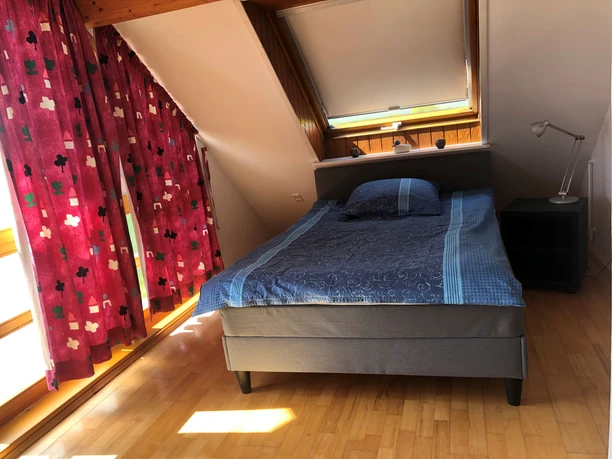 Ruime zolderkamer met groot bed, dakraam en vriendelijke sfeer dankzij natuurlijk licht.