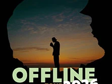 Schattenprofil eines Menschen vor einem farbenfrohen Sonnenuntergang, mit Text "OFFLINE TOUR 2026".