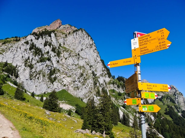Blick von der Holzegg auf den Schwyzer Hausberg Mythen.