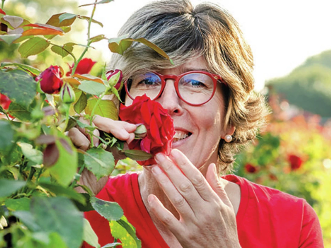 katrin-iskam-c-nicole-muller_rgb.png Frau mit roter Brille riecht an einer roten Rose in blühendem Rosengarten bei warmem Sonnenlicht.