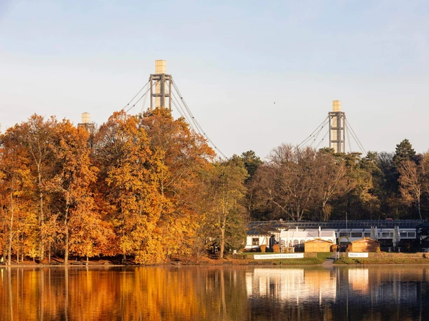 Adenauer Weiher At the Adenauer Weiher pond in Cologne, autumnal trees are reflected in the calm water.