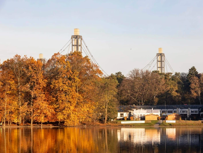 Adenauer Weiher Am Adenauer Weiher in Köln spiegeln sich herbstliche Bäume im ruhigen Wasser.At the Adenauer Weiher pond in Cologne, autumnal trees are reflected in the calm water.