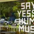 Mashery Hummus Kitchen Eine elegante Fensterfront von Mashery Hummus Kitchen zeigt den Schriftzug "Say Yes to Hummus".An elegant window front at Mashery Hummus Kitchen displays the slogan ‘Say Yes to Hummus’.