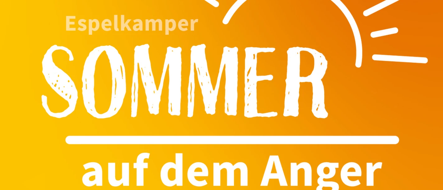 Sommer auf dem Anger Gelbes Plakat mit weißem Text "Espelkamper Sommer auf dem Anger" und stilisierter Sonnengrafik.