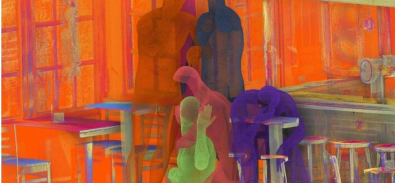 Ort.Zeit.Kontinuum (c) Tim Berresheim.jpg Farbenfrohe Darstellung mehrerer menschlicher Figuren auf Hochstühlen und an einer Bar in einer warmbeleuchteten Umgebung.