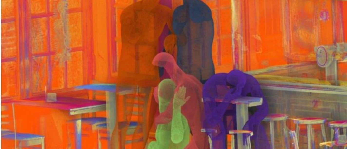 Ort.Zeit.Kontinuum (c) Tim Berresheim.jpg Farbenfrohe Darstellung mehrerer menschlicher Figuren auf Hochstühlen und an einer Bar in einer warmbeleuchteten Umgebung.