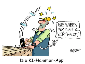 Karikatur_Jurypreis 1_Hammerapp_(c)Ralf Böhme_Galerie Komische Meister Dresden.jpg Ein Mann hämmert, trifft sich auf die Hand, während seine Armbanduhr kommentiert.A man hammers, hits his hand, while his wristwatch comments.Muž mlátí kladivem, bije se do ruky, zatímco jeho náramkové hodinky komentují.Mężczyzna młotkuje, uderza ręką, podczas gdy jego zegarek komentuje.Een man hamert, slaat op zijn hand, terwijl zijn polshorloge commentaar geeft.Un uomo martella, si colpisce la mano, mentre il suo orologio da polso commenta.