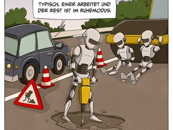 Karikatur_Standby_(c)Patrick Schombert_Galerie Komische Meister Dresden .jpg Drei Roboter an einer Baustelle, einer bohrt aktiv, zwei sitzen im Hintergrund.Three robots at a construction site, one actively drilling, two sitting in the background.Tři roboti na staveništi, jeden aktivně vrtá, dva sedí v pozadí.Trzy roboty na placu budowy, jeden aktywnie wiercący, dwa siedzące w tle.Drie robots op een bouwplaats, één actief aan het boren, twee zitten op de achtergrond.Tre robot in un cantiere edile, uno impegnato nella perforazione, due seduti sullo sfondo.
