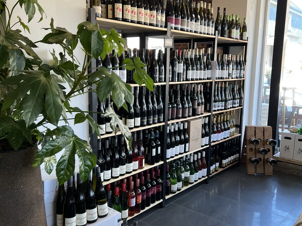 Weinhandel Kork & Kante Ein Regal voller unterschiedlicher Weinflaschen in einem modernen Ladenlokal mit Pflanzen dekoriert.