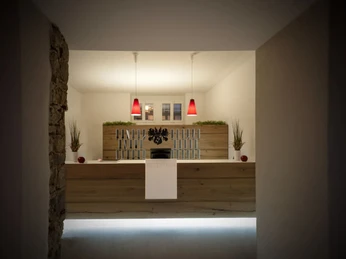 Rezeption eines modernen Hotels mit Holzmöbeln, dekorativen Pflanzen und zwei roten Hängelampen.