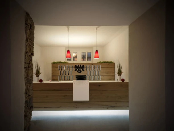 003_Hotel-Stadtpalais_Rezeption.jpg Rezeption eines modernen Hotels mit Holzmöbeln, dekorativen Pflanzen und zwei roten Hängelampen.