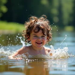 A laughing child with curly hair plays happily in the water as it splashes; blurred green trees can be seen in the background.