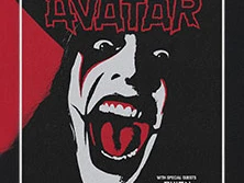 Poster der Band Avatar mit rotem und schwarzem Design, zeigt einen expressionistisch bemalten, schreienden Kopf.
