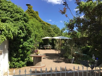 Landhaus am Deich Ein grünes Landhaus mit üppigen Kletterpflanzen, Sonnenschirmen und einem Schotterweg im Garten.