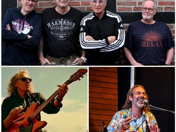 Lars-and-Friends (1) Vier Herren stehen lächelnd vor einer Backsteinwand, einer spielt E-Gitarre, ein anderer Perkussionsinstrumente.