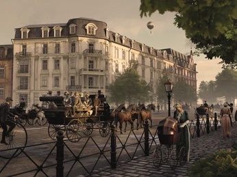 TimeRide VR Experience – Carriages and People in Frankfurt in the 19th Century Kutschen und Menschen auf den Straßen der Altstadt Frankfurt im 19. Jahrhundert.