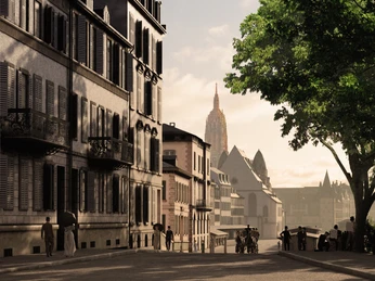TimeRide VR Experience – View of the Old Town in the 19th Century Blick auf die Frankfurter Altstadt im 19. Jahrhundert.View of Frankfurt's old town in the 19th century.