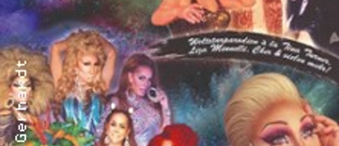 Vielseitig kostümierte Künstlerinnen und Künstler bei einer prächtigen Drag-Show vor Sternenhintergrund.