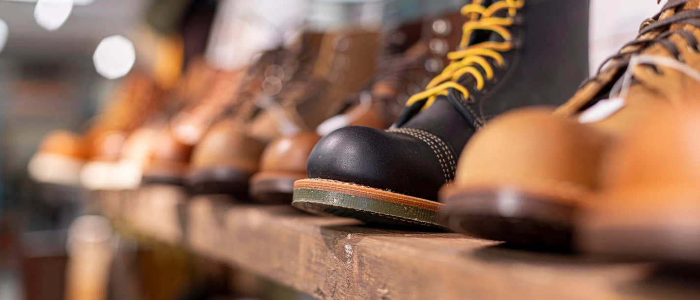 Hochwertige Herrenstiefel im "Herrenzimmer" in der Neuen Straße, Celler Altstadt Eine Nahaufnahme von hochwertigen Herrenstiefeln mit gelben Schnürsenkeln, die in einem Regal im Geschäft "Herrenzimmer" in der Neuen Straße der Celler Altstadt ausgestellt sind. Die Stiefel sind auf einem rustikalen Holzboden platziert.