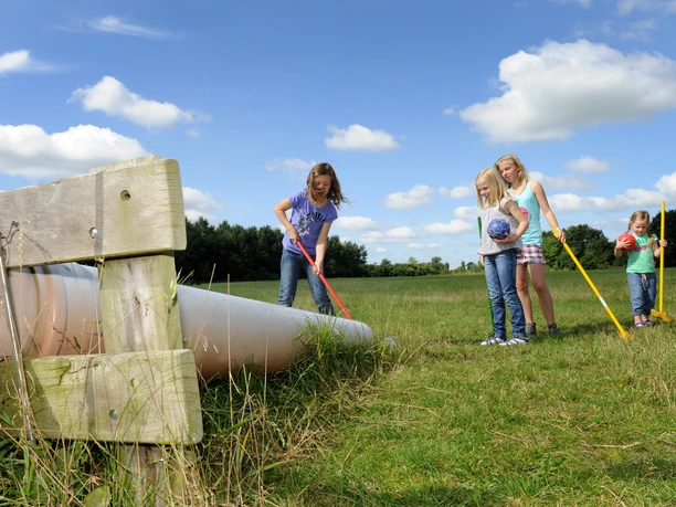 Ferien- und Freizeithof Meutstege, Haren (Ems) – Bauerngolf ©Emsland Tourismus GmbH (2).jpg Kinder spielen Bauerngolf auf einer grünen Wiese unter blauem Himmel mit bunten Schlägern.