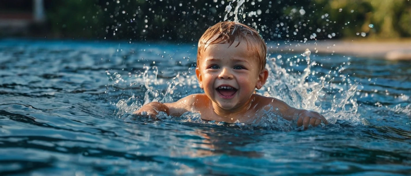 Een lachende peuter speelt in het water, omringd door opspattende waterdruppels, bij zonnig weer met een groene achtergrond.