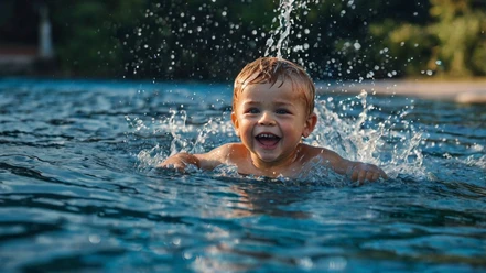 Kind in Wasser - mit KI erstelltes Bild - Leonarndo AI Ein lachendes Kleinkind spielt im Wasser, umgeben von spritzenden Wassertropfen, bei sonnigem Wetter und grüner Hintergrundkulisse.